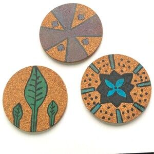 Nature-Inspired Hand-Painted Cork Heat Trivets 7.5 inches Round Set of 3